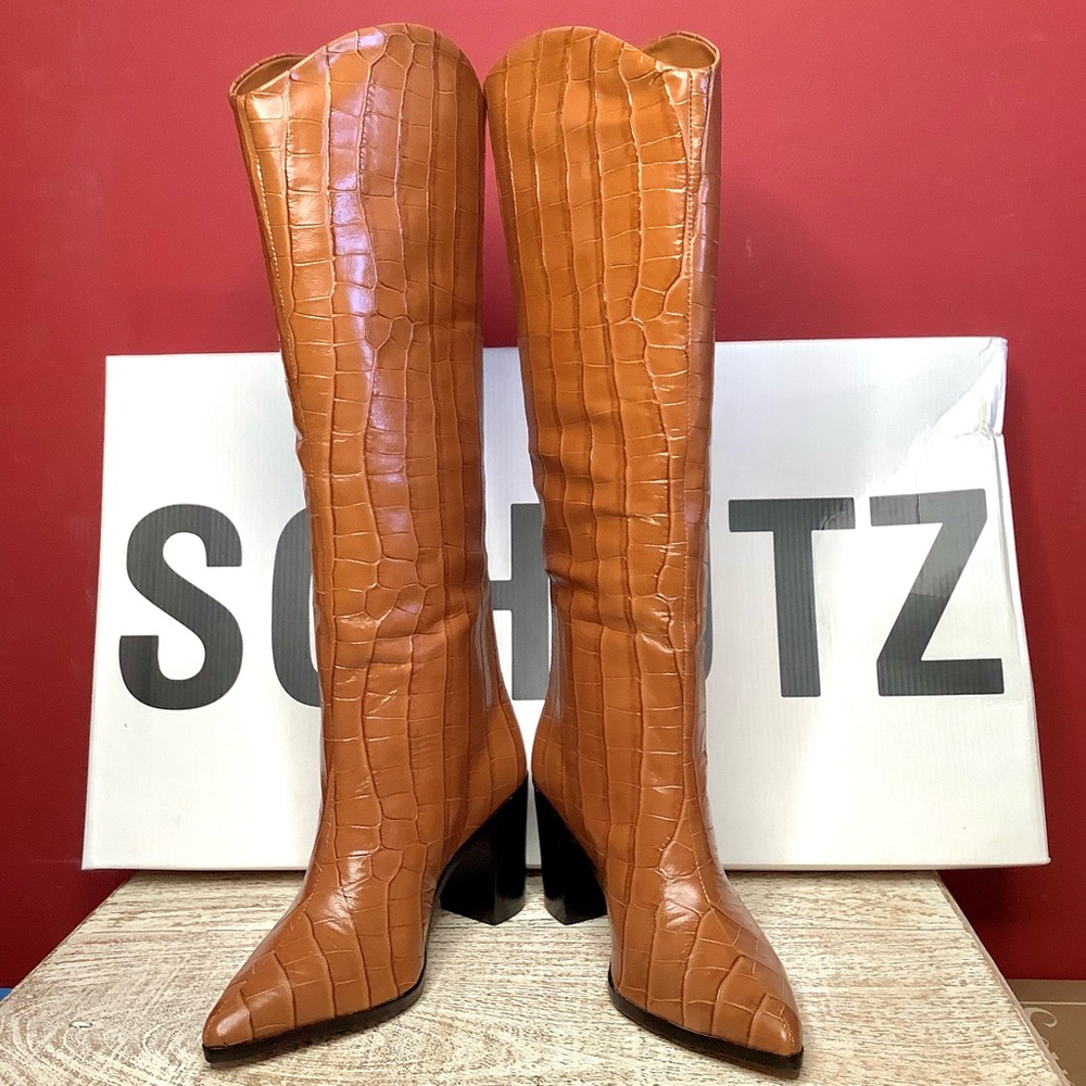 SCHUTZ Maryana NIB 5.5 Women's Brown Croc-Embossed Leather 3.3” Heeled Boots